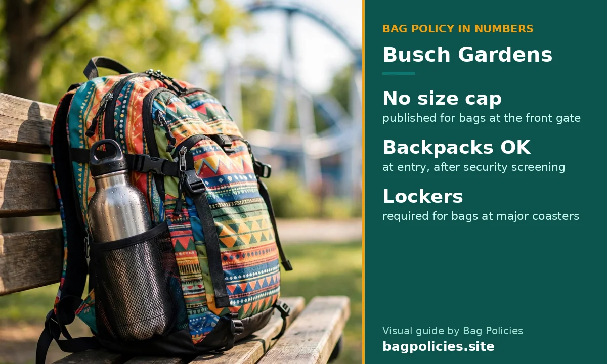 Visual guide: Busch Gardens allows standard backpacks with no gate size cap, lockers needed for coasters - Bag Policies (bagpolicies.site)