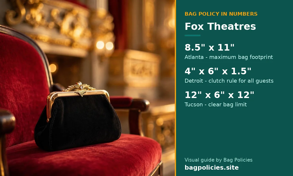 Visual guide: Fox Theatre bag limits by city - Atlanta 8.5 x 11, Detroit clutch 4 x 6 x 1.5, Tucson clear 12 x 6 x 12 - Bag Policies (bagpolicies.site)