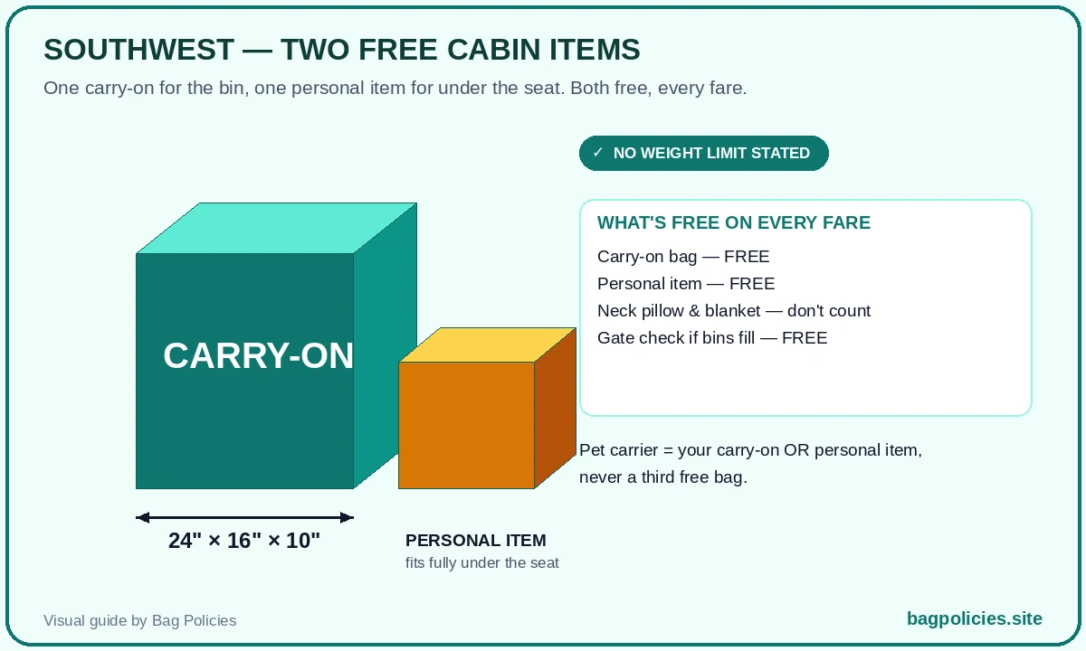 Visual of Southwest Airlines two free cabin items: a carry-on up to 24 x 16 x 10 inches and a personal item that fits under the seat, both free on every fare - Bag Policies (bagpolicies.site)